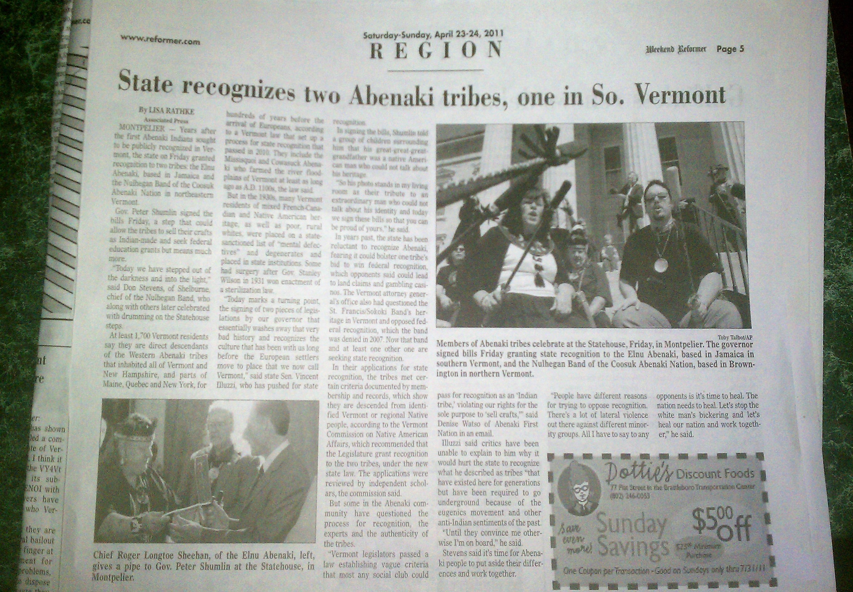 Newspaper article about Abenaki recognition
